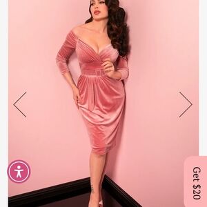 Vixen by Micheline Pitt Rose Pink Velvet Off-Shoulder Midi Dress